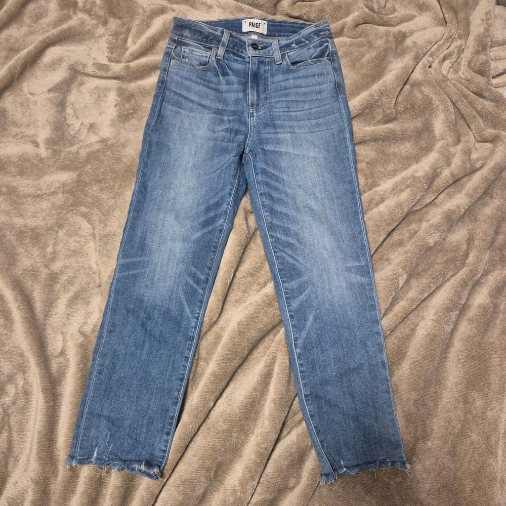 Paige Hoxton Straight Crop Jeans Blue High Rise Raw Hem Denim Size 26